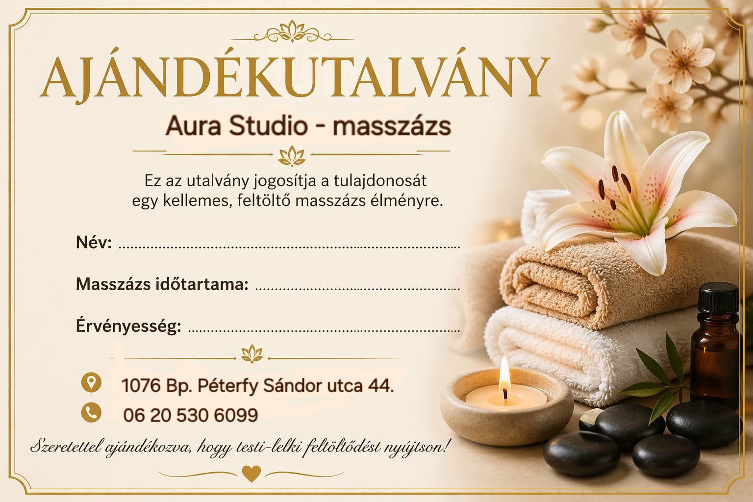 Aura Studio klasszikus, arany díszítésű ajándékutalvány masszázsra