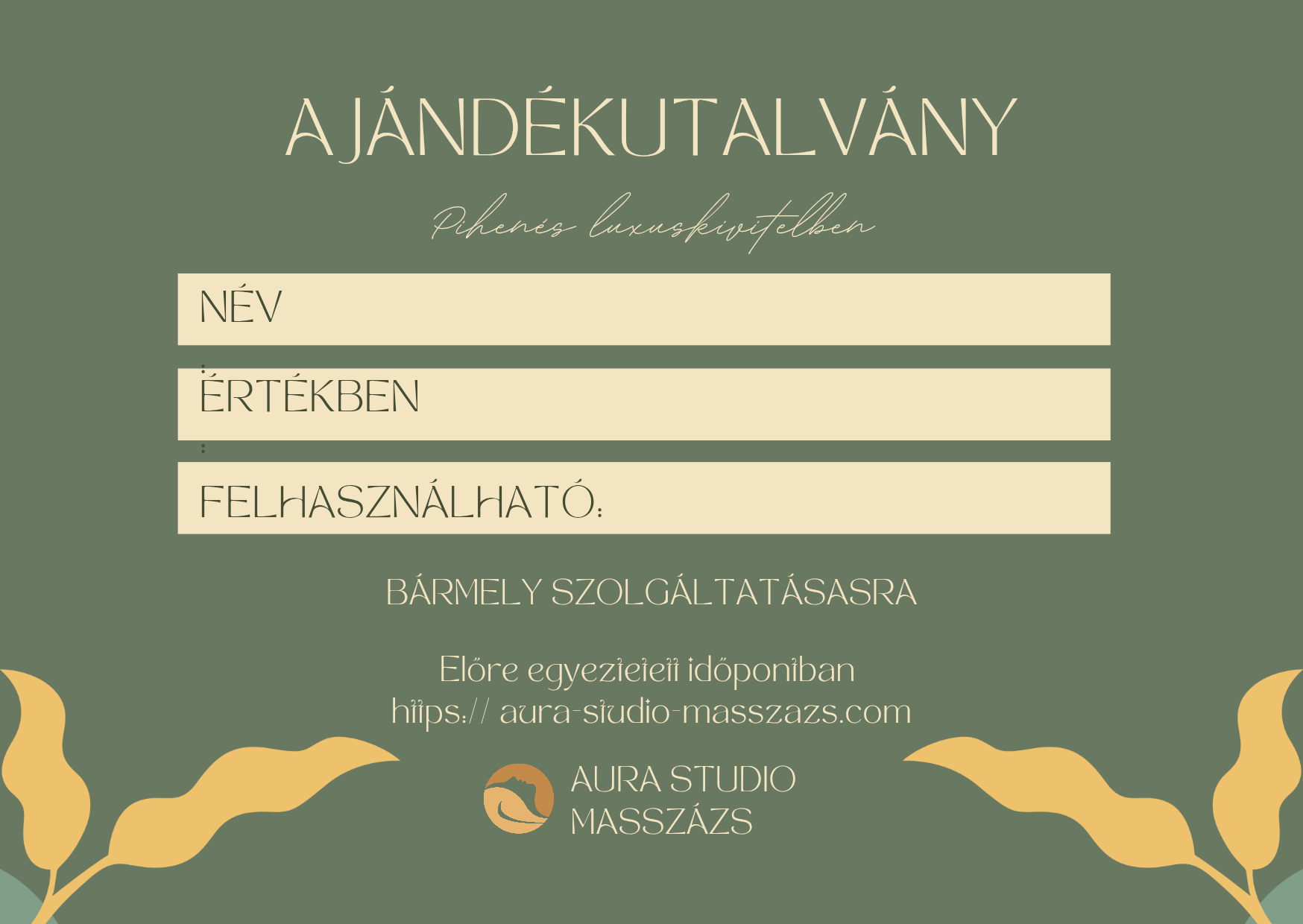 Aura Studio ajándékutalvány kitölthető hátlapja névvel, értékkel és felhasználhatósággal